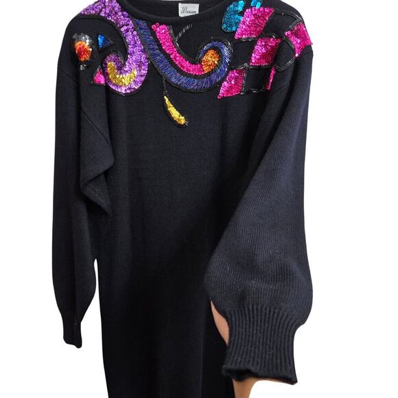 Darian Vintage 80s Black Knit Sequin Embellished Sweater Dress Sz M Avante Garde - Picture 4 of 12